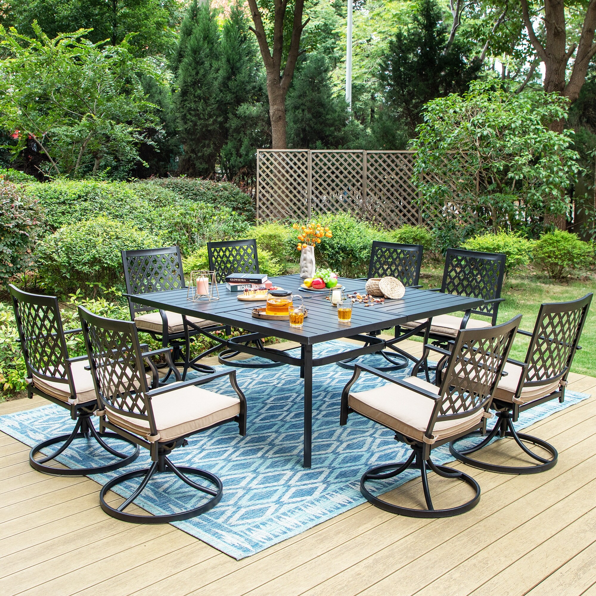 9 Piece Patio Dining Set 60 Inch Square Metal Table and 8 Swivel