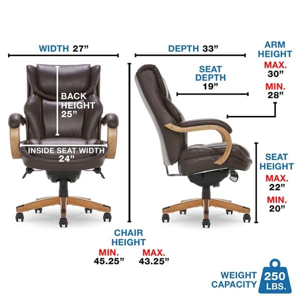 dimension image slide 1 of 2, La-Z-Boy Harnett Big and Tall Executive Office Chair with Comfort Core Cushions, Ergonomic High-Back Chair with Solid Wood Arms