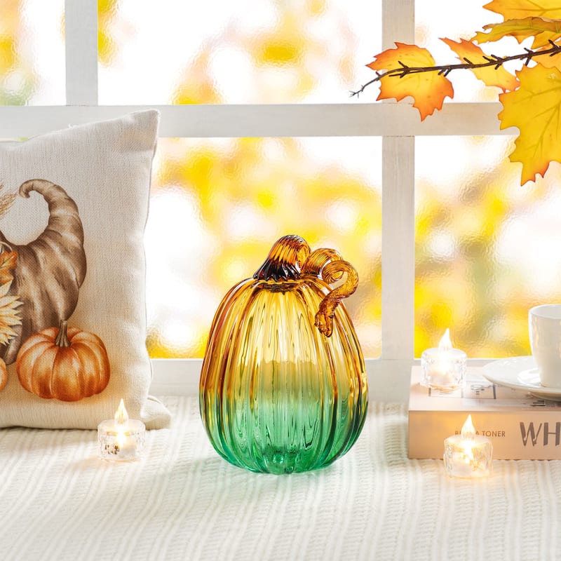 Glitzhome Fall Harvest Two-Tone Gradient Turquoise Glass Pumpkin