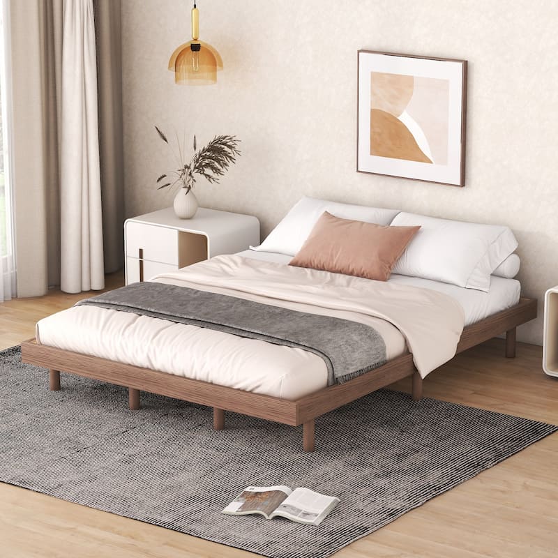 Queen Size Floating Platform Bed with Rubberwood Legs and Plywood Slats