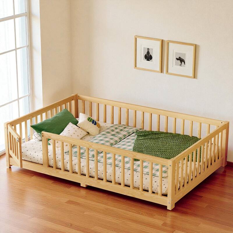 Twin/Full/Queen Size Wood Floor Bed with Door and Guardrails for Kids, Montessori Bed with Removable Slats - Natural - Full