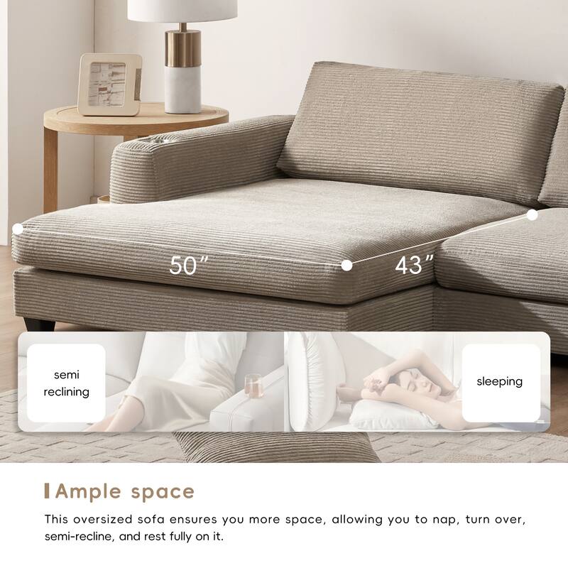 Spacious 4-Seater Corduroy Cloud Couch with Chaise, USB Charging Ports, and Cup Holders