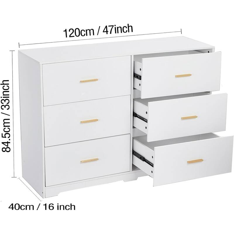 6 Drawer Dresser, Retro Chest of Drawers with Metal Handle