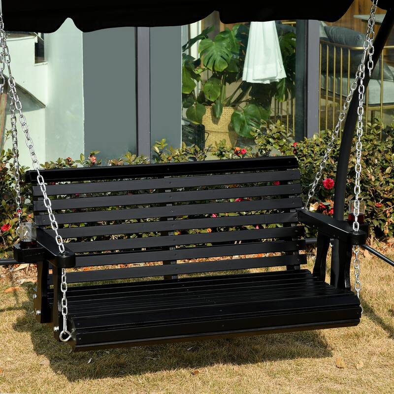 Outsunny 2-Person Outdoor Porch Swing Bench with 2 Built-In Cup Holders, Slatted Design, & Chains Included