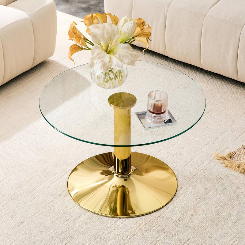 Roomfitters 27.5-Inch Round Tempered Glass Coffee Table, Metal Base, Circular Center Table, Modern Minimalist