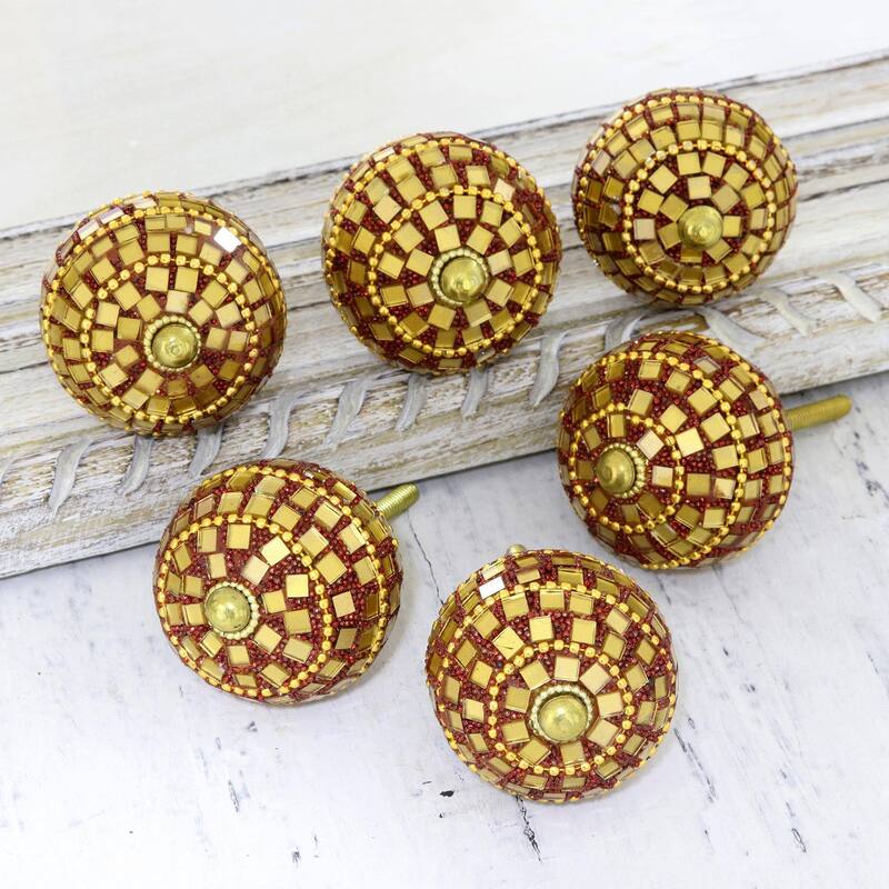 Novica Handmade Mirror Wood And Glass Bead Knobs - 3" H x 1.8" D