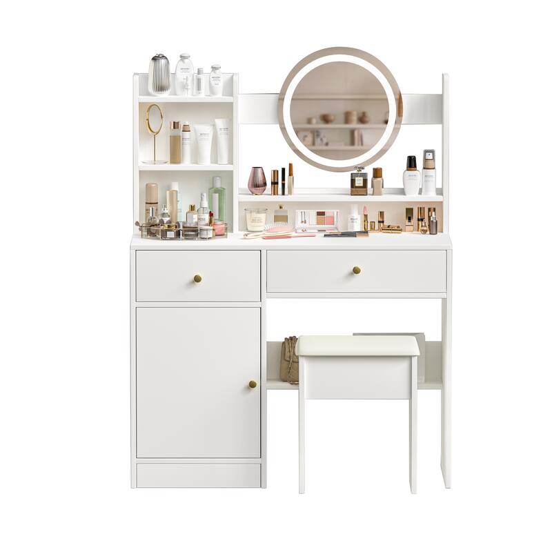 Bedroom Makeup Vanity Desk with Touch LED Light Mirror, Dressing Table with Upholstered Vanity Stool, White
