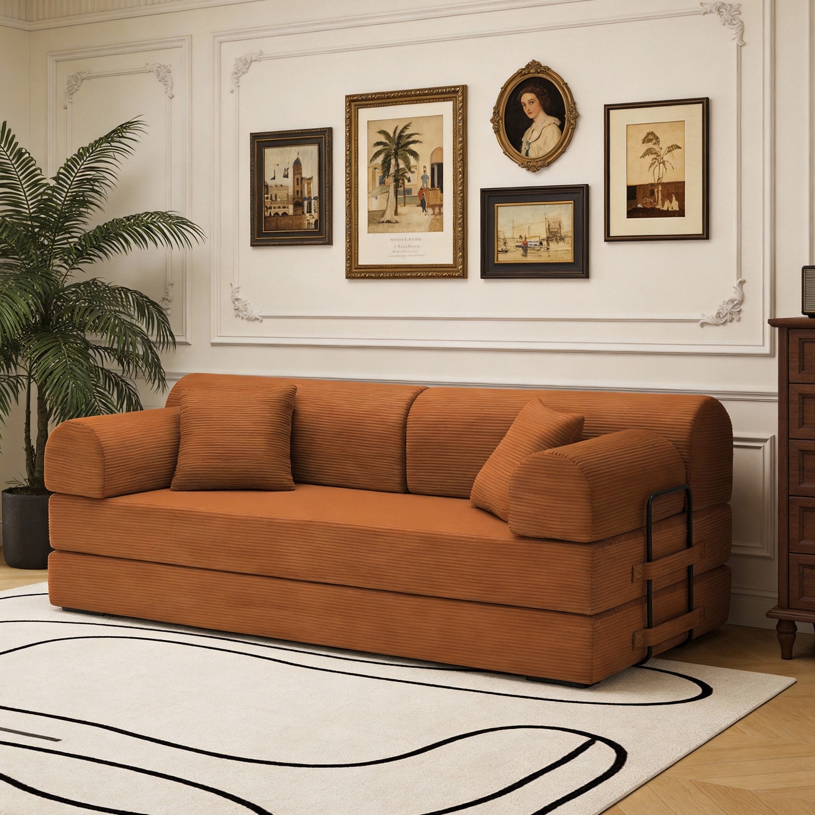 Convertible Sleeper Sofa Bed with Cylindrical Pillow, Corduroy Folding Mattress Couch with Fixed-Shape Frame for Bedroom