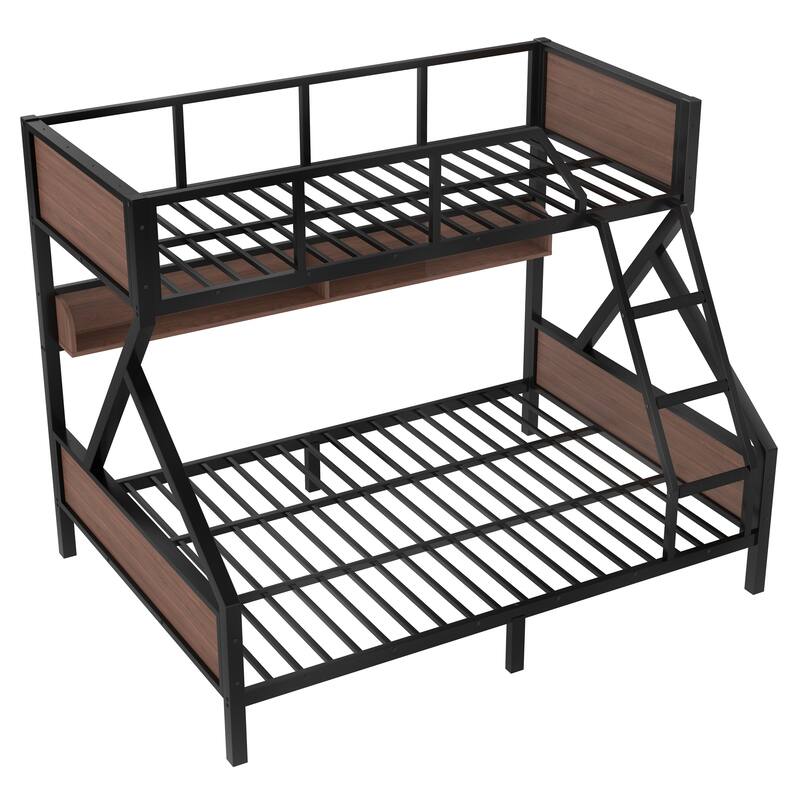 Metal Bunk Bed with Wood Storage Shelves and Light Strip, Noise-free Design Bed Frame with Guardrails, Ladder and Headboards