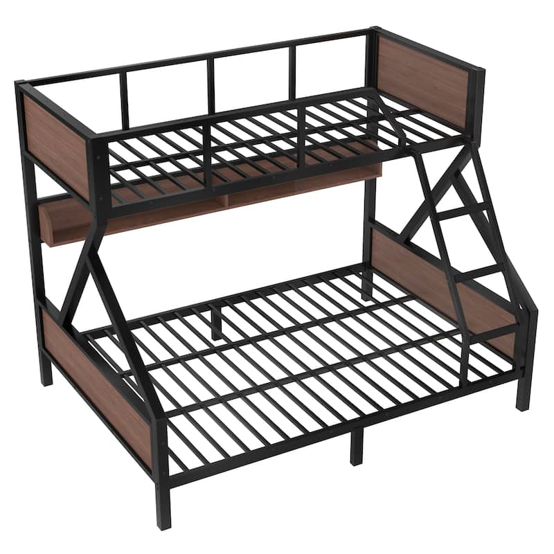 Twin XL over Queen Bunk Bed, Metal Bunk Bed with Storage Shelves and Lights, Space-saving & Noise-free Design, Black