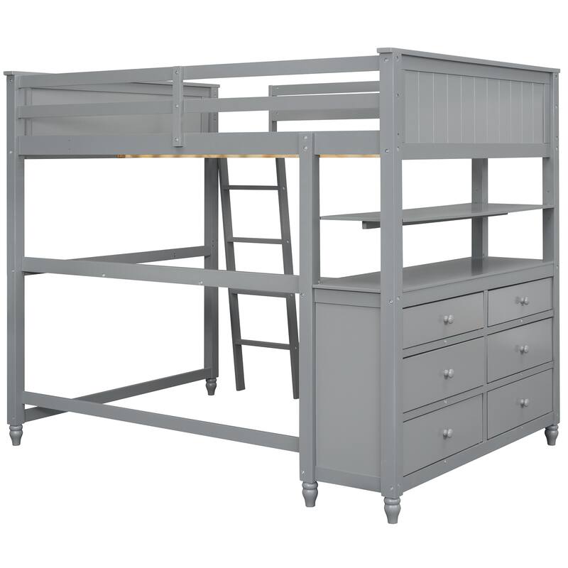 Full Size Loft Bed with Desk, Drawers, and Storage Shelves for Maximized Space