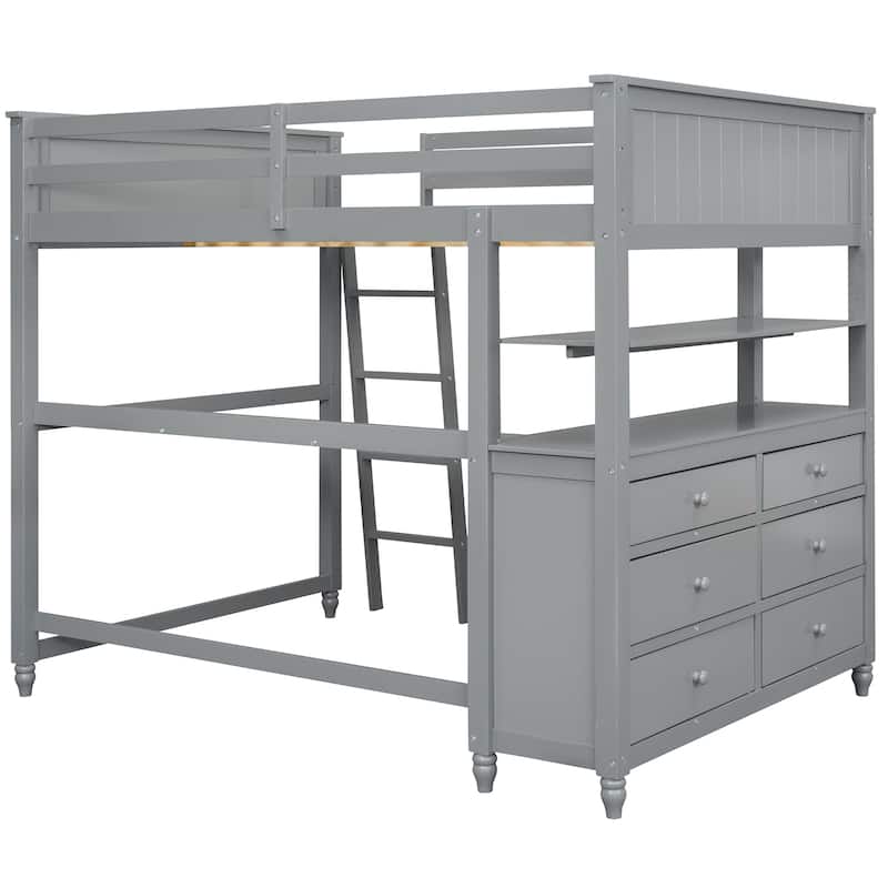 Full Size Loft Bed with Drawers and Writing Desk, Wooden Storage Bed with Shelves, Safety Guardrails and Ladder