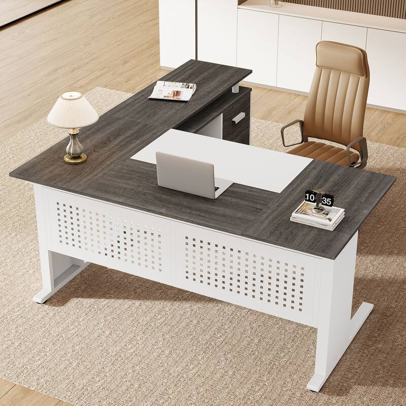 63-Inch L-Shaped Executive Desk with Storage Shelves