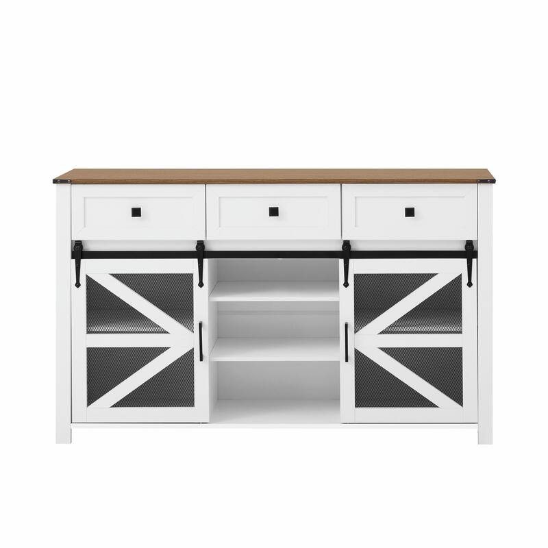 55'' Sliding Barn Door Sideboard with 3 Drawers, Particle Board & Metal Mesh Storage Cabinet