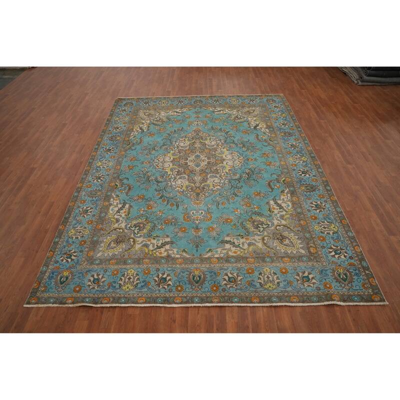 Hand Knotted Oriental 100% Wool Carpet Traditional Floral Navy Blue & Blues Tabriz Area Rug - 11' 0'' X 8' 5''