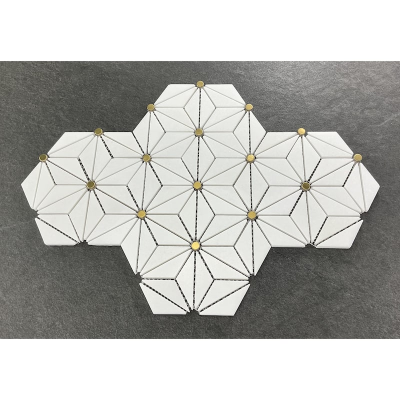 Thassos White Hexagon Marble With Gold Accents Mosaic Tile - 1 Case (10 Sheets)