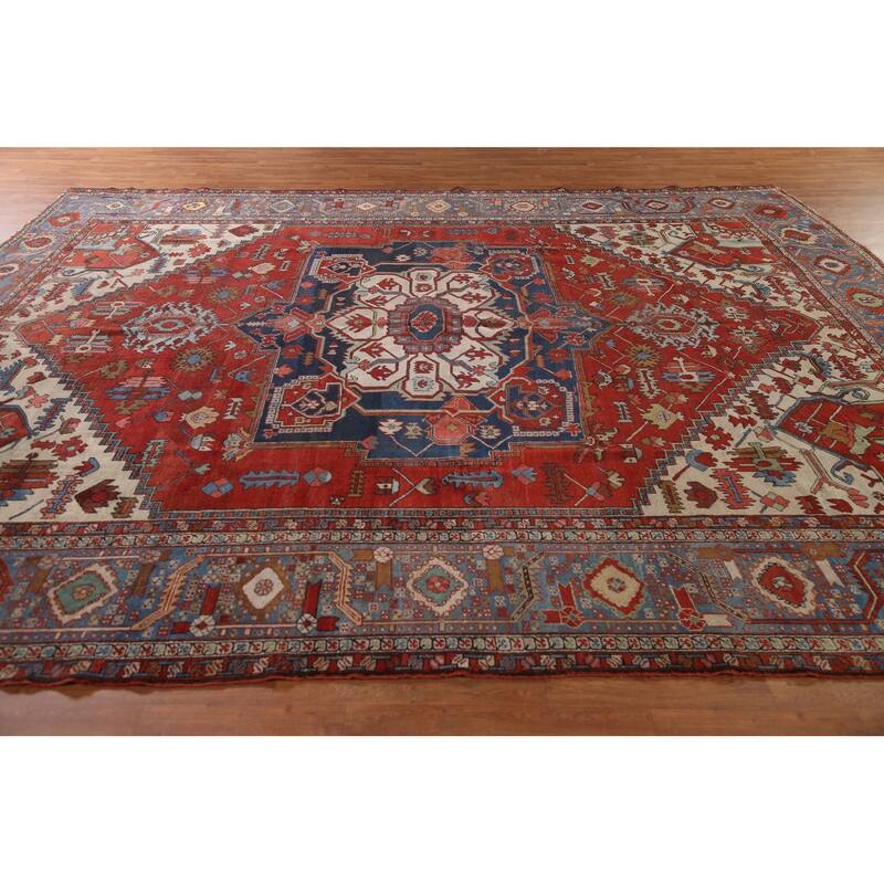Pre-1900 Antique Heriz Serapi Persian Rug Handmade Wool Carpet - 11'0" x 12'10"