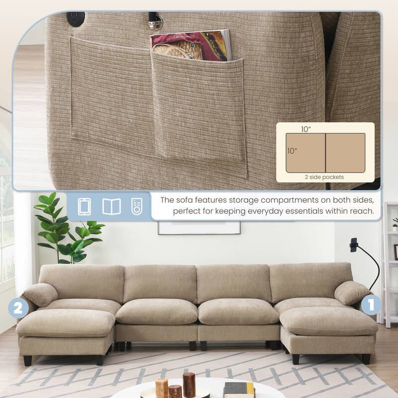 140-Inch Chenille Sectional Sofa with USB and Type-C Charging Ports, Phone Holders, Side Storage Pockets, Movement Ottomans