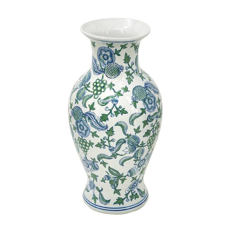 19" White Blue And Green Floral Urn Porcelain Table Vase - 9.30
