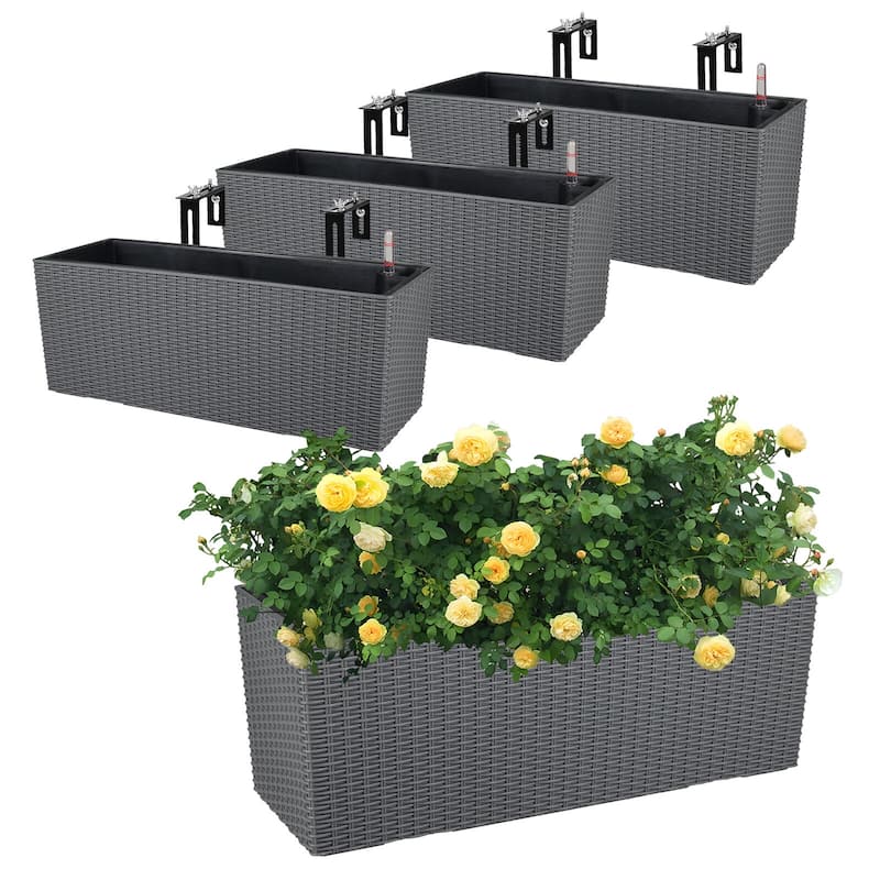 Aoodor 4Pcs 19.5" Rectangular Window/Railing Planter Box, Self Watering Planter for Balcony Porch Fence Patio - 19.5''×7.2'' - Grey