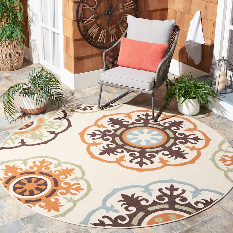 SAFAVIEH Veranda Miseta Indoor/ Outdoor Waterproof Patio Backyard Rug - 6'7" Round - Cream/Terracotta