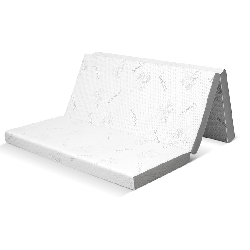 4-Inch White Grey Tri-Fold Design Memory Foam Mattress with Cooling Gel for Home or Travel - Queen
