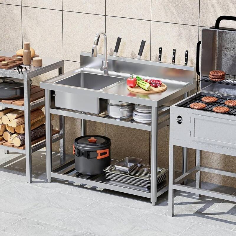 39 In. Freestanding Stainless Steel Single Bowl Kitchen Sink In Silver With Shelves And Hanging Hooks - N/A