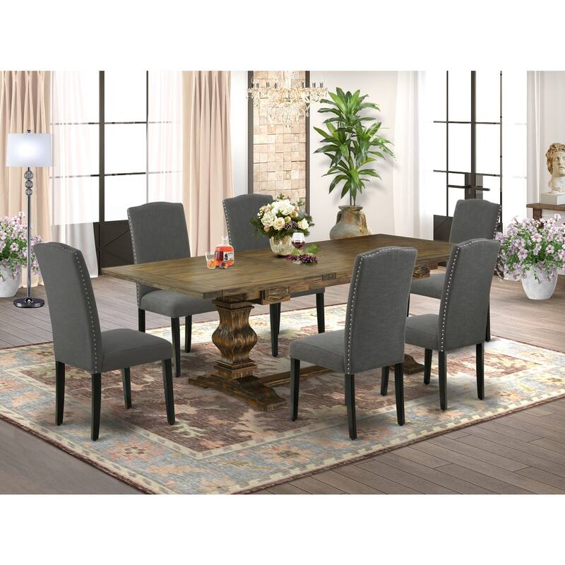 Modern 7-Piece Dining Set - Kitchen Table with 6 Parsons Chairs - Dark Gray Fabric - Distressed Wood Finish - 92