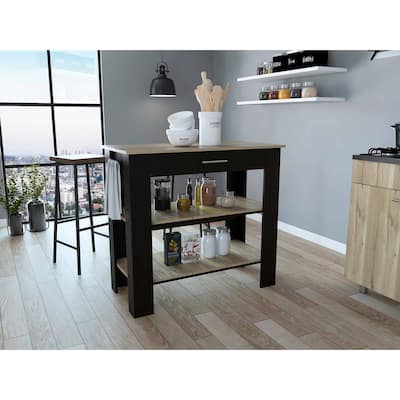 Light Oak and Black Kitchen Island with Drawer and Two Open Shelves - 20" X 40" X 20"