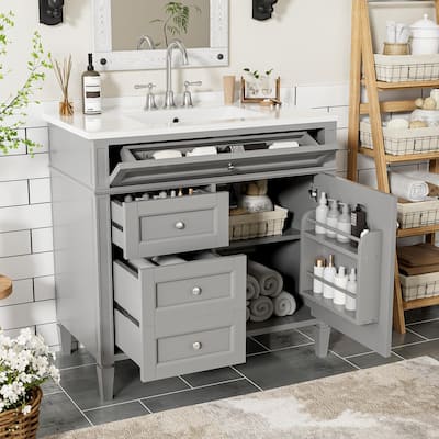 36"Bathroom Vanity with Top Sink, Bathroom Storage Cabinet with 2 Drawers and a Tip-out Drawer, Single Sink Bathroom Vanity