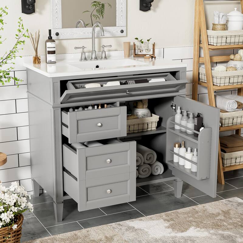 Roomfitters 36" Vanity with Sink, Modern Bathroom Cabinet with 2 Drawers and Tip-out Storage, Freestanding Design - Grey