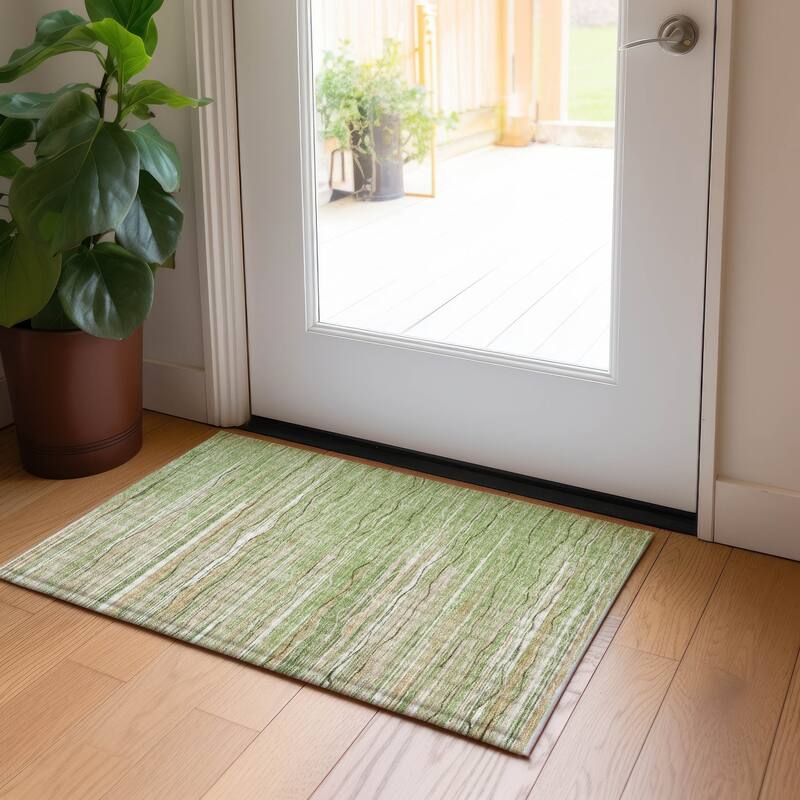 Machine Washable Indoor/ Outdoor Modern Stripe Chantille Rug - Green - 1'8" x 2'6"