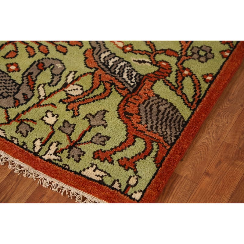 Light Green Animals Ziegler Indian Runner Rug Hand-Knotted Wool Carpet - 2'5" x 7'11"
