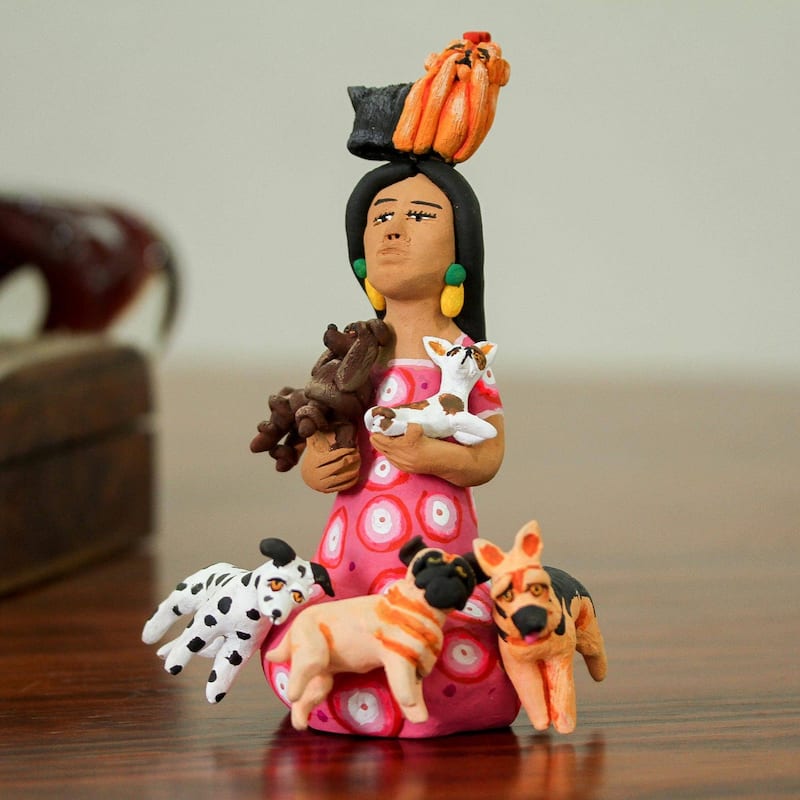 Novica Handmade Woman With Dogs Ceramic Sculpture