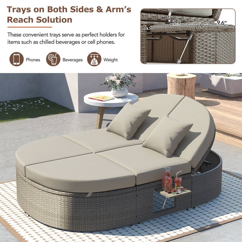 Gray PE Rattan Outdoor Daybed with Foldable Cup Trays