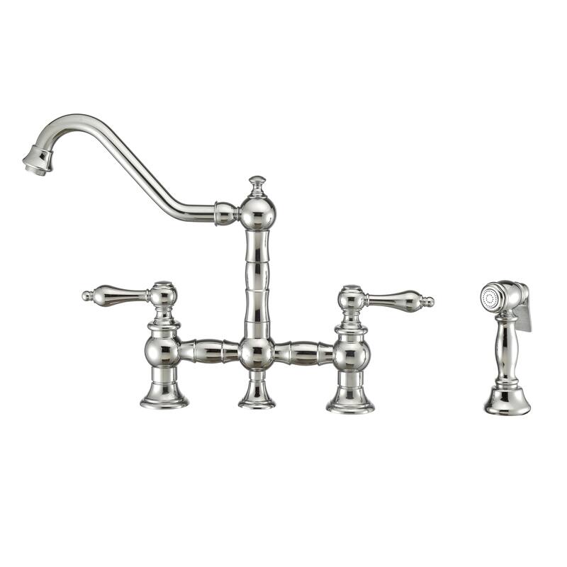 Whitehaus Vintage III Plus Bridge Faucet with Long Traditional Swivel Spout - Chrome/Clear
