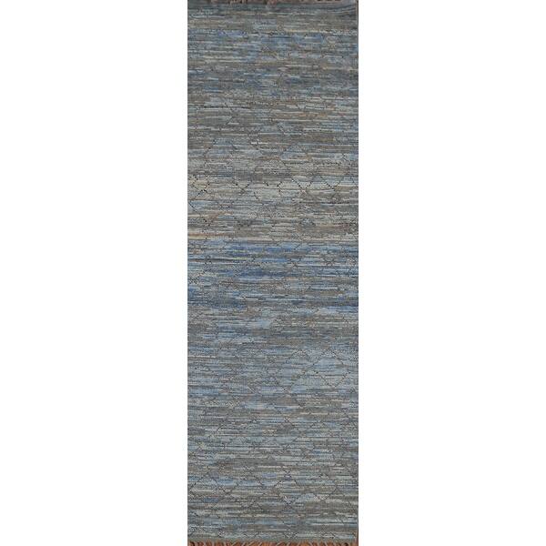 12' Blue And Gray Wool Striped Hand Knotted Runner Rug 12' Blue And Gray Wool Striped Hand Knotted Runner Rug