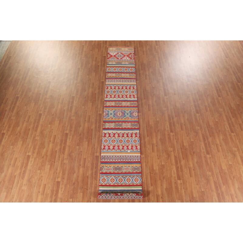 Hand Knotted Oriental 100% Wool Carpet Traditional All-Over Multi-Colored Kazak Runner Rug - 13' 11'' X 2' 6''