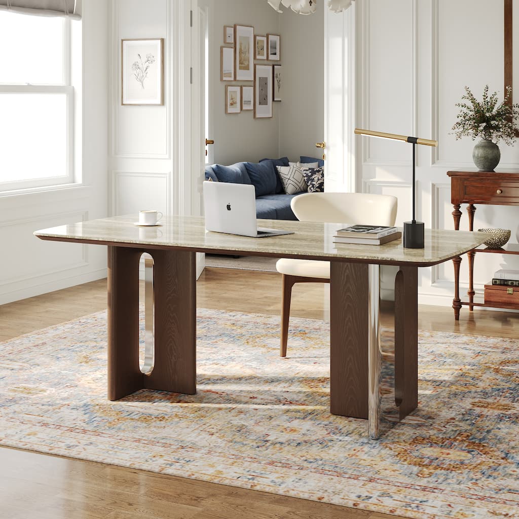 Modern 63" Retangular Wrining Desk, Faux Marble Table Top Desk With Double Legs