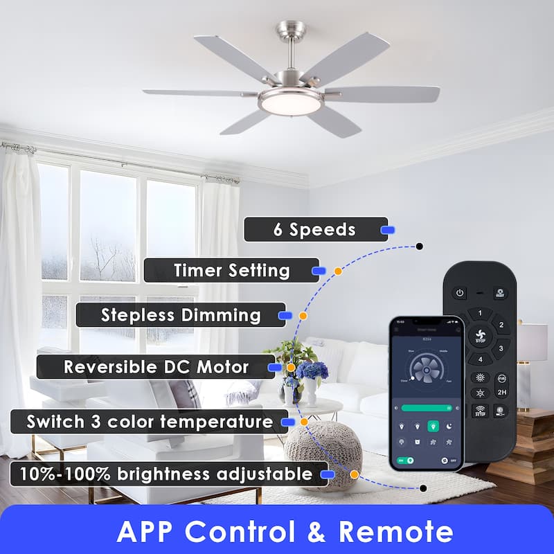 52" Downrod Ceiling Fan with Light, Modern LED Ceiling Fan,Remote and APP Control,Quiet DC Motor,sloped ceiling compatiable