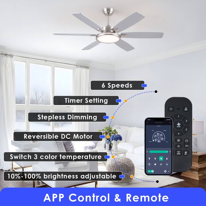 52" Modern Quiet Ceiling Fan with Light and Remote 6 Speed Airflow Bright Light for Bedroom Living Room Patio - 52 Inches