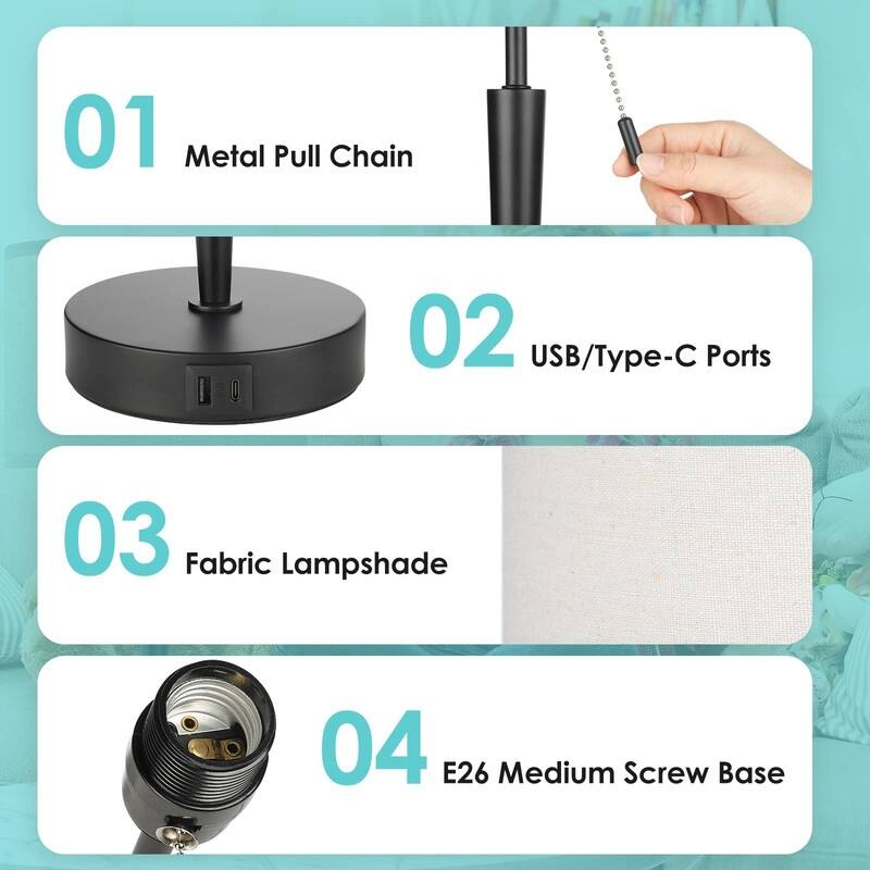 Set of 2 Bedside Table Lamp, Pull Chain Nightstand Lamps - E26
