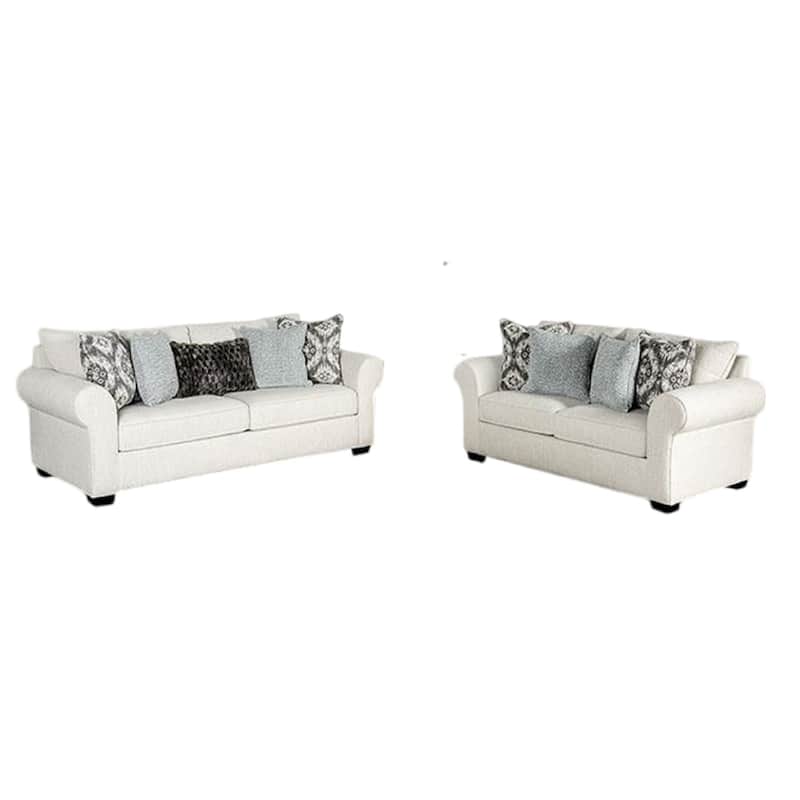 Berrie 2pc Sofa Loveseat Set, 9 Throw Pillows, Modern White Polyester