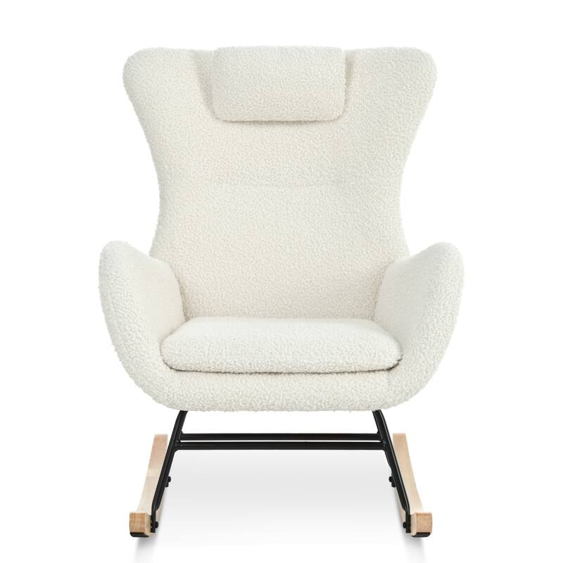 Polyester Glider Chair with Adjustable Headrest and Storage Pocket, Rubber Wood Base