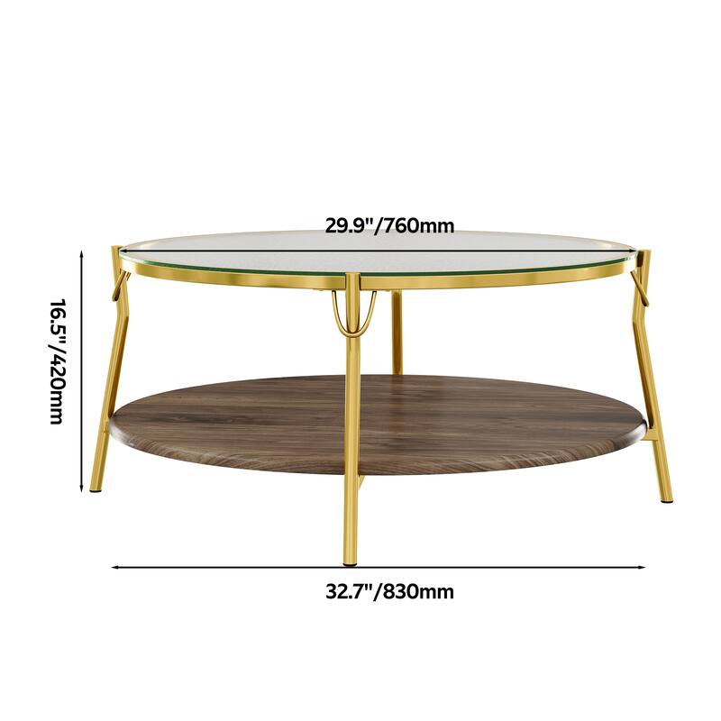 29.9" Round Coffee Table, Luxurious Center Table for Living Room, 2-Tier Storage Table with Glass Top and Gold Base