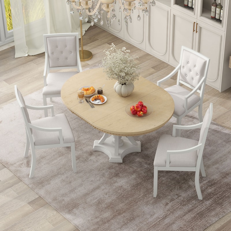 Retro Dining Table and Chairs 5-piece Set, Retractable Round Table with 4 upholstered Chairs, Kitchen Dining Room Coffee Table