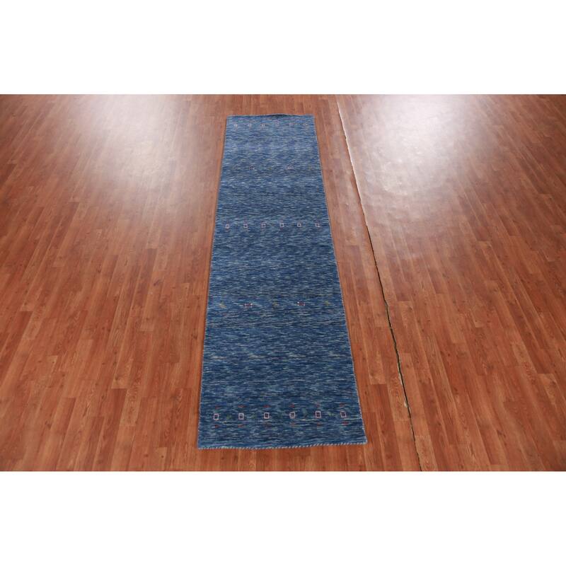 Hand Knotted Oriental 100% Wool Carpet Tribal Tribal Navy Blue & Blues Gabbeh Runner Rug - 9' 10'' X 2' 7''