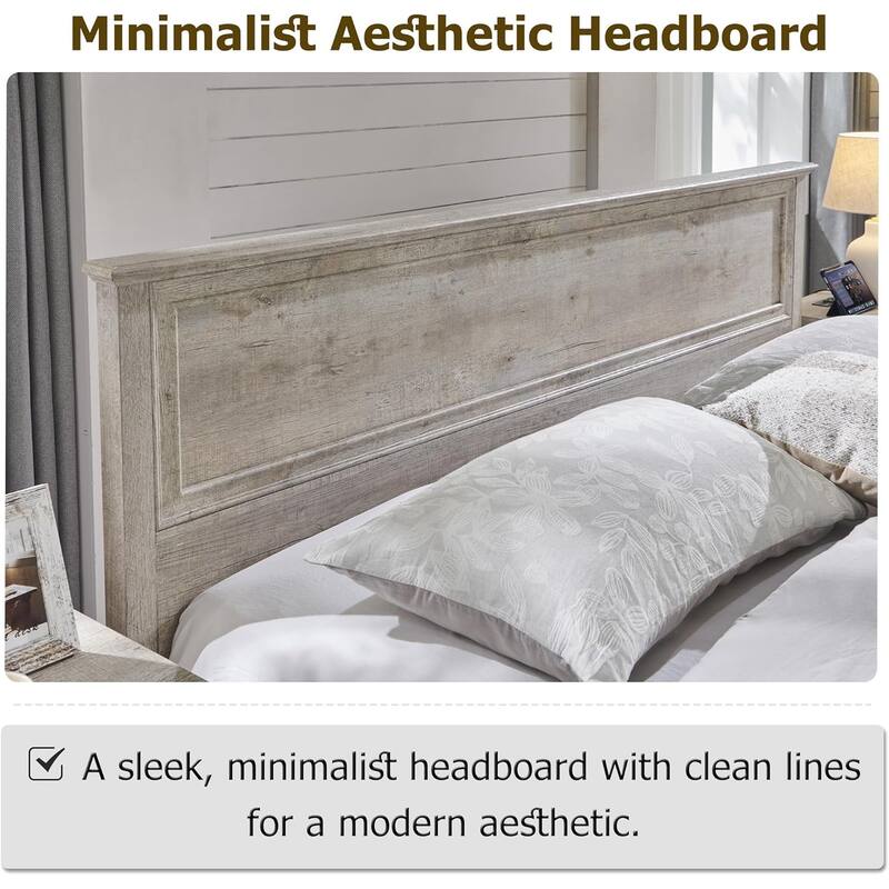 Farmhouse Bed Frame w/ Headboard & Storage Bench, Wood Platform Bed