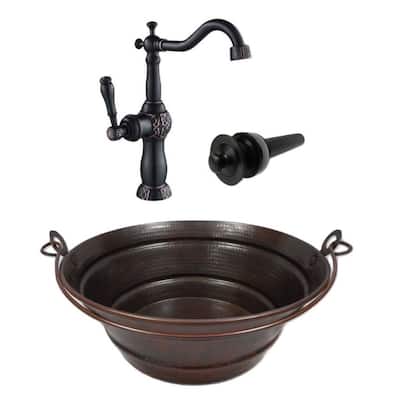 15" Copper Bucket Vessel Bathroom Sink 13" Faucet & LT Drain - 15" x 15" x 6"