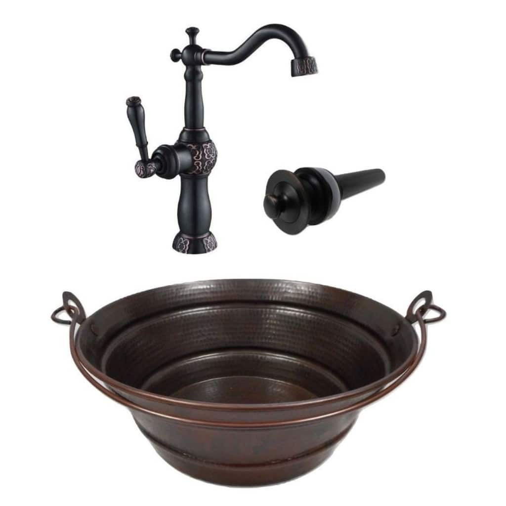 16" Oval Copper Bucket Vessel Bathroom Sink, 13" Faucet & Drain Included - 15" x 15" x 6"